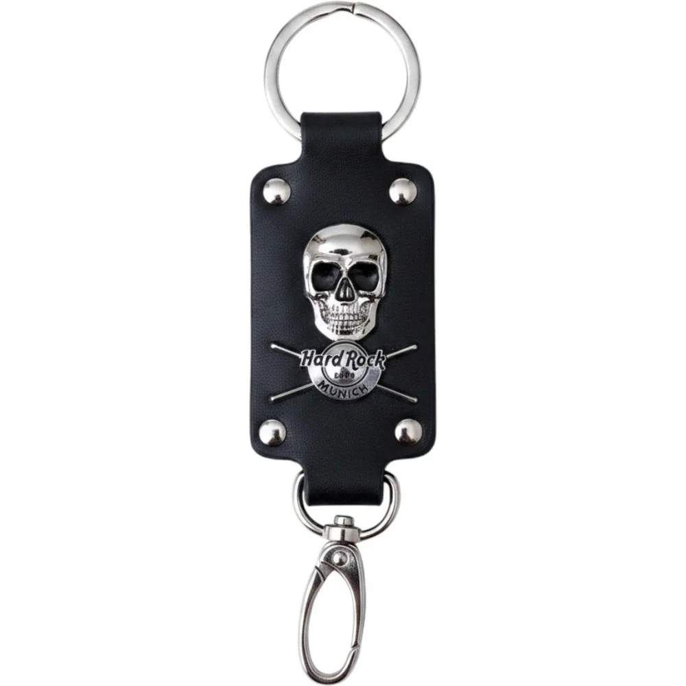 Hard Rock Cafe Munich Skull Leather Keychain Black Silver Gothic Biker Accessory